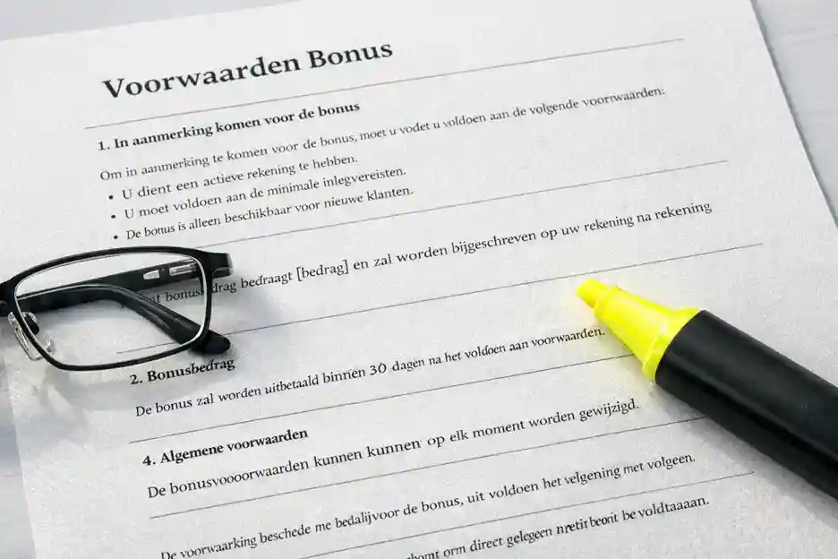 Document met bonusvoorwaarden en kleine lettertjes