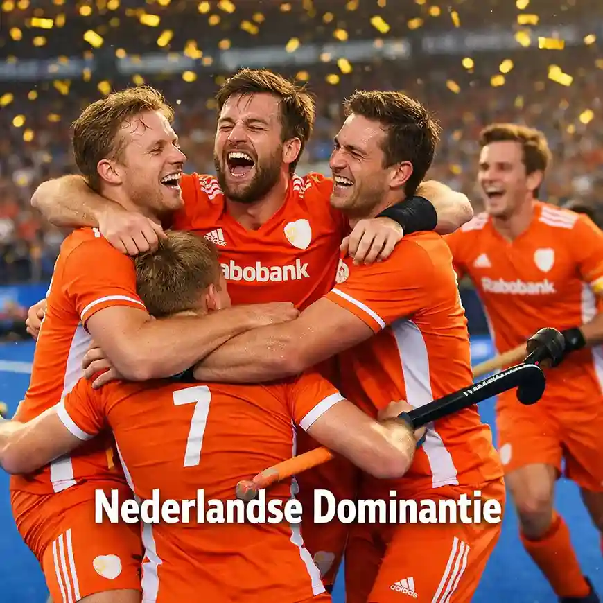 Nederlands vrouwenhockeyteam viert een overwinning op het EK