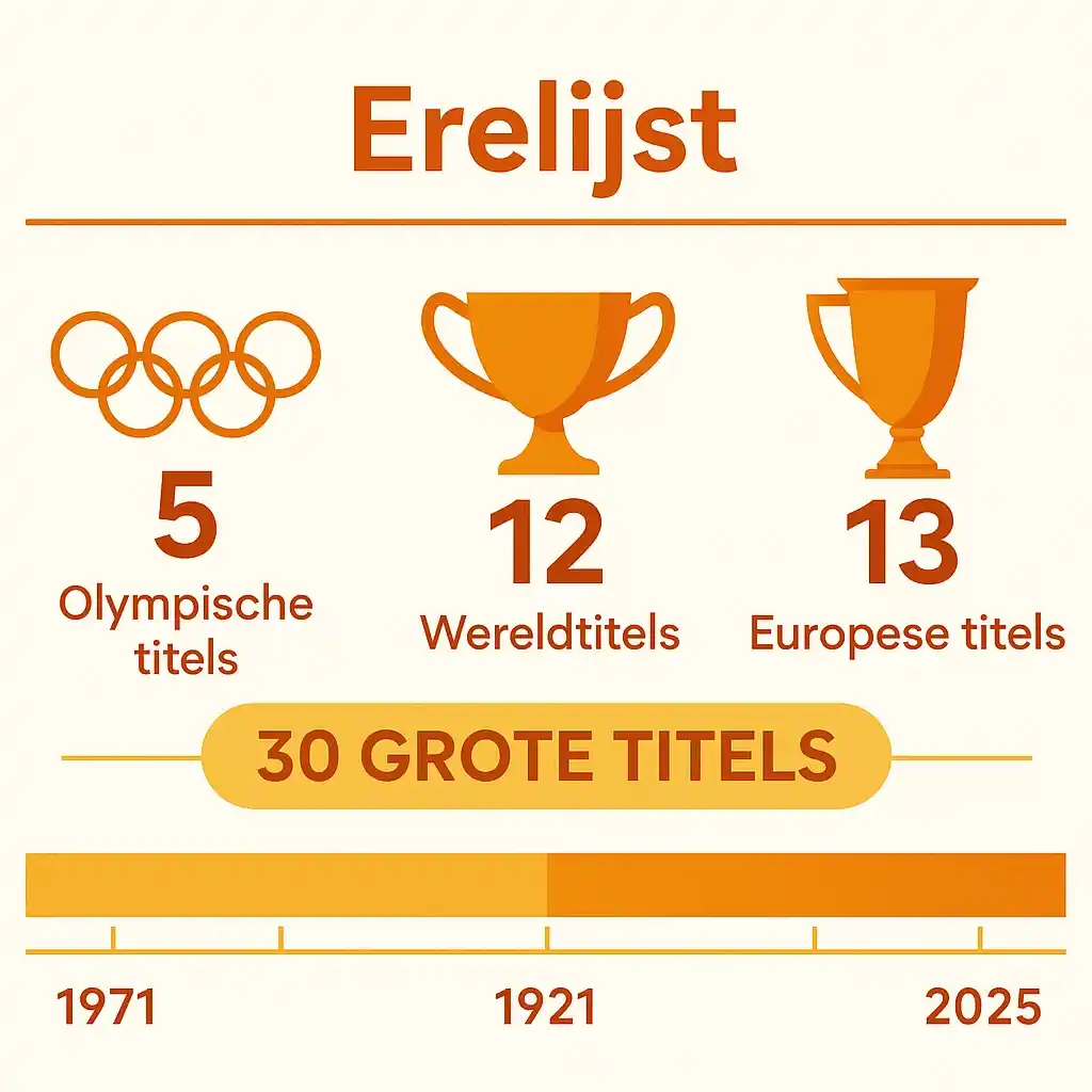 Infographic met alle titels van de Oranje Dames: 5 olympische, 12 wereld- en 13 Europese kampioenschappen