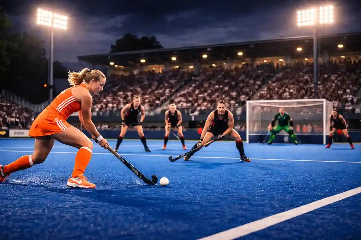 Hockeywedstrijd onder avondverlichting in een vol stadion