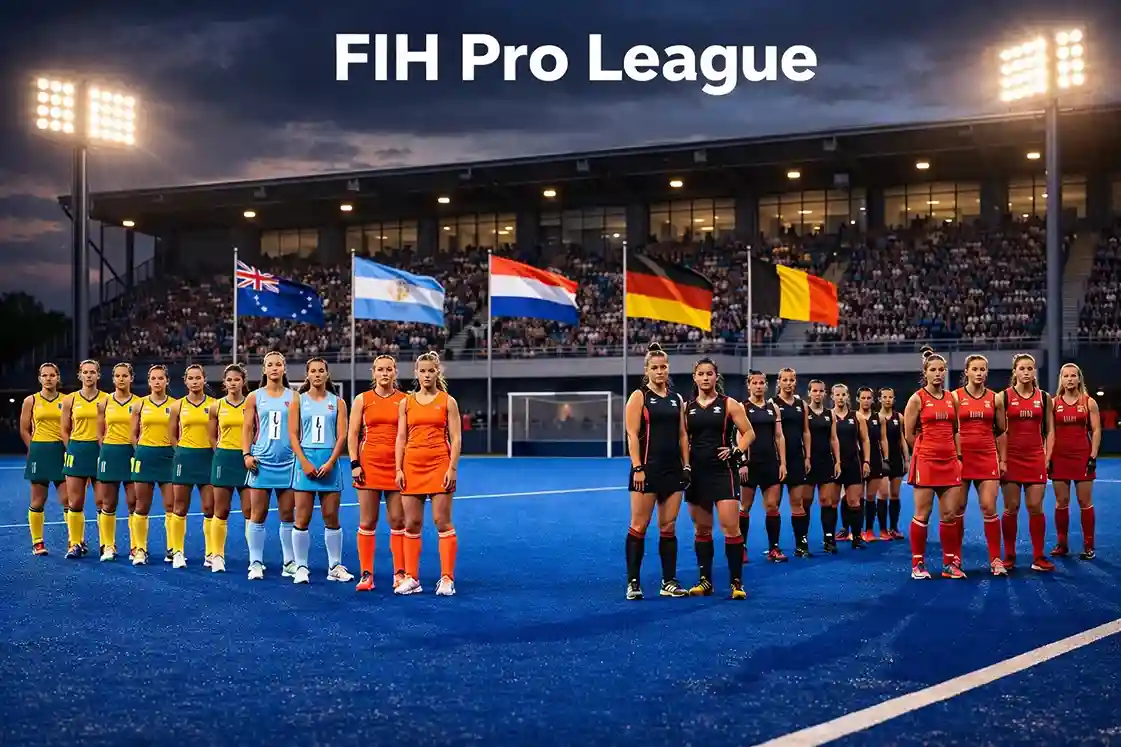 Hockeyteams uit verschillende landen verzameld voor een Pro League wedstrijd