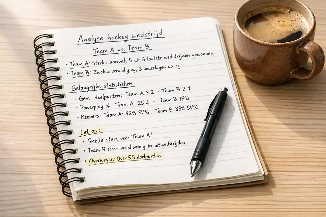 Notitieboek met handgeschreven hockeyanalyses naast een kop koffie op een bureau