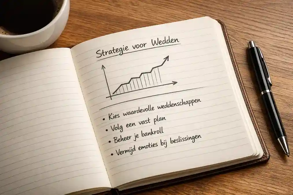 Notitieboek met handgeschreven strategie-aantekeningen en een lijndiagram