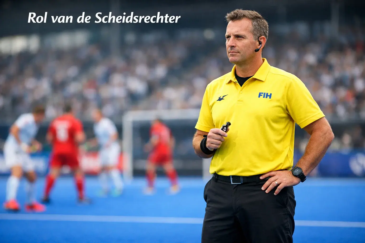Hockeyscheidsrechter met fluit tijdens een internationale wedstrijd