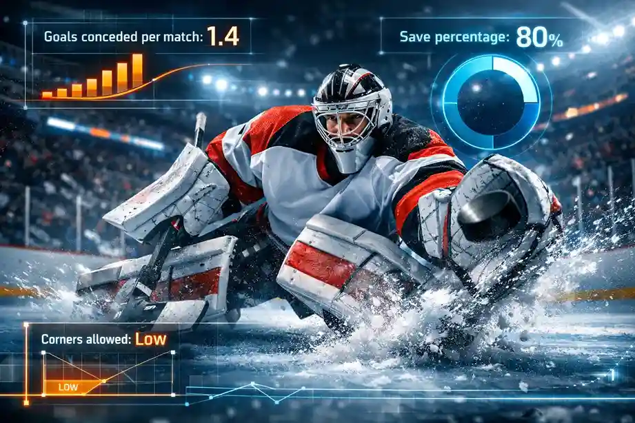 Hockeykeeper in actie met statistieken overlay