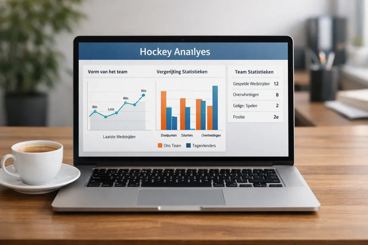 Laptopscherm met hockeystatistieken en grafieken voor wedstrijdanalyse