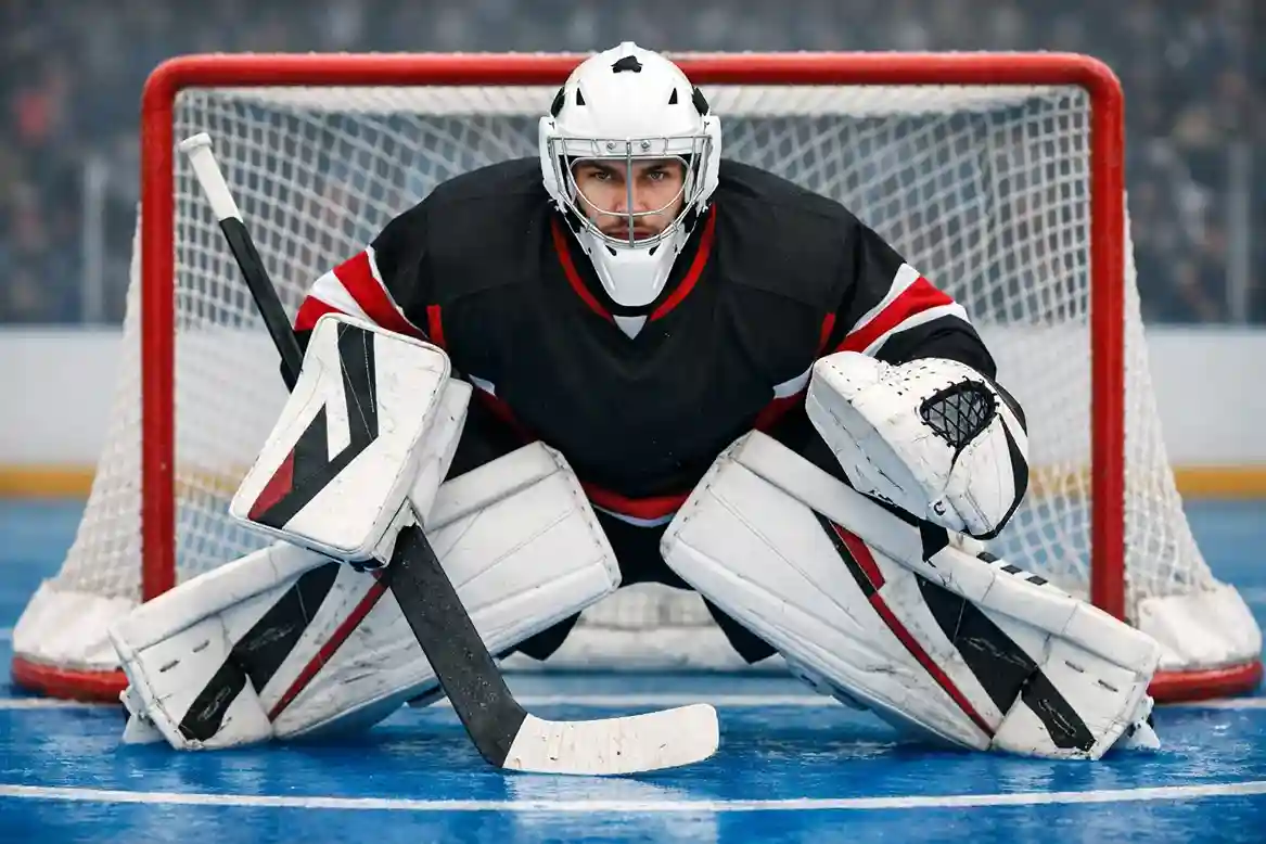 Hockeykeeper in gereedheid tijdens shoot-out situatie