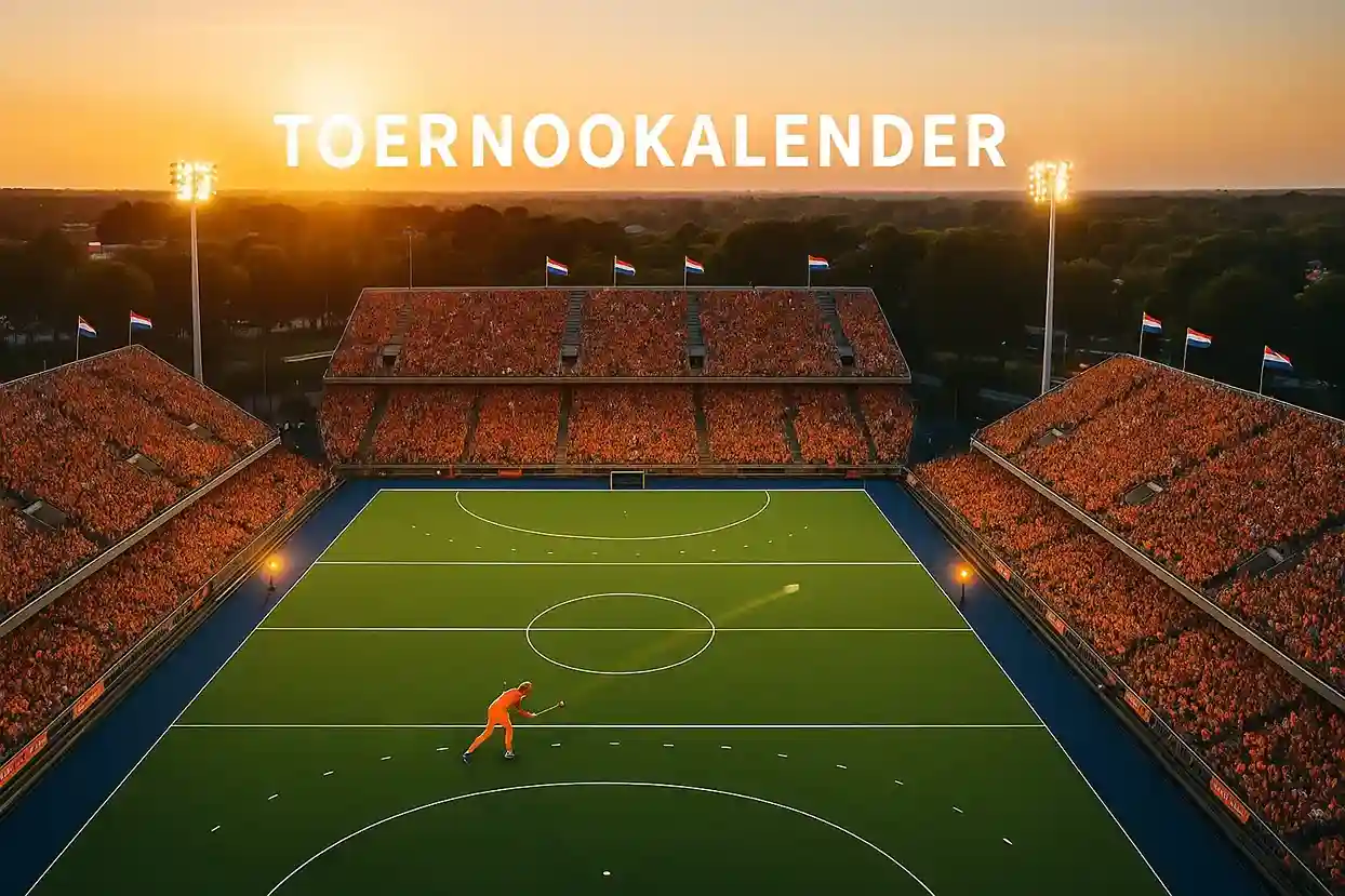 Luchtfoto van hockey stadion tijdens groot toernooi met oranje supporters en nationale vlaggen