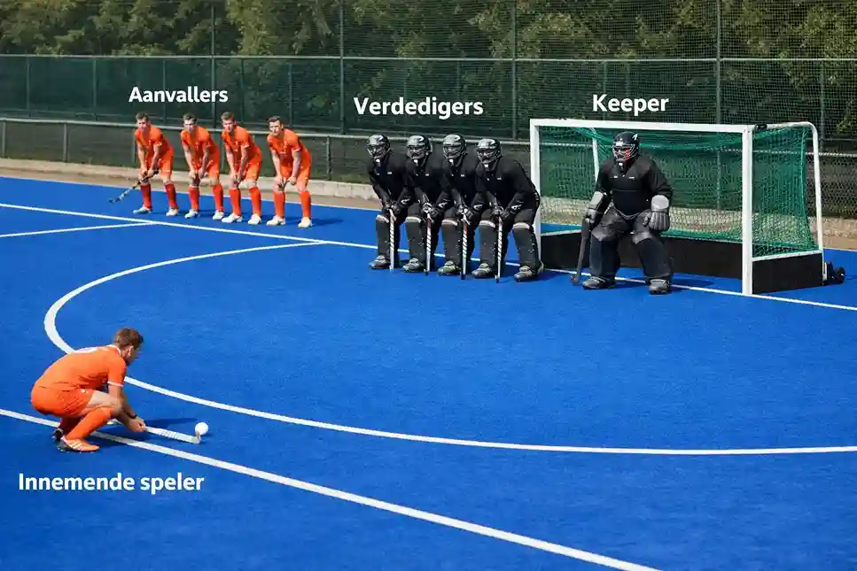 Strafcorner opstelling met aanvallers en verdedigers in positie