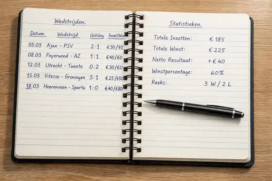Bureau met open notitieboek waarin resultaten worden bijgehouden met pen