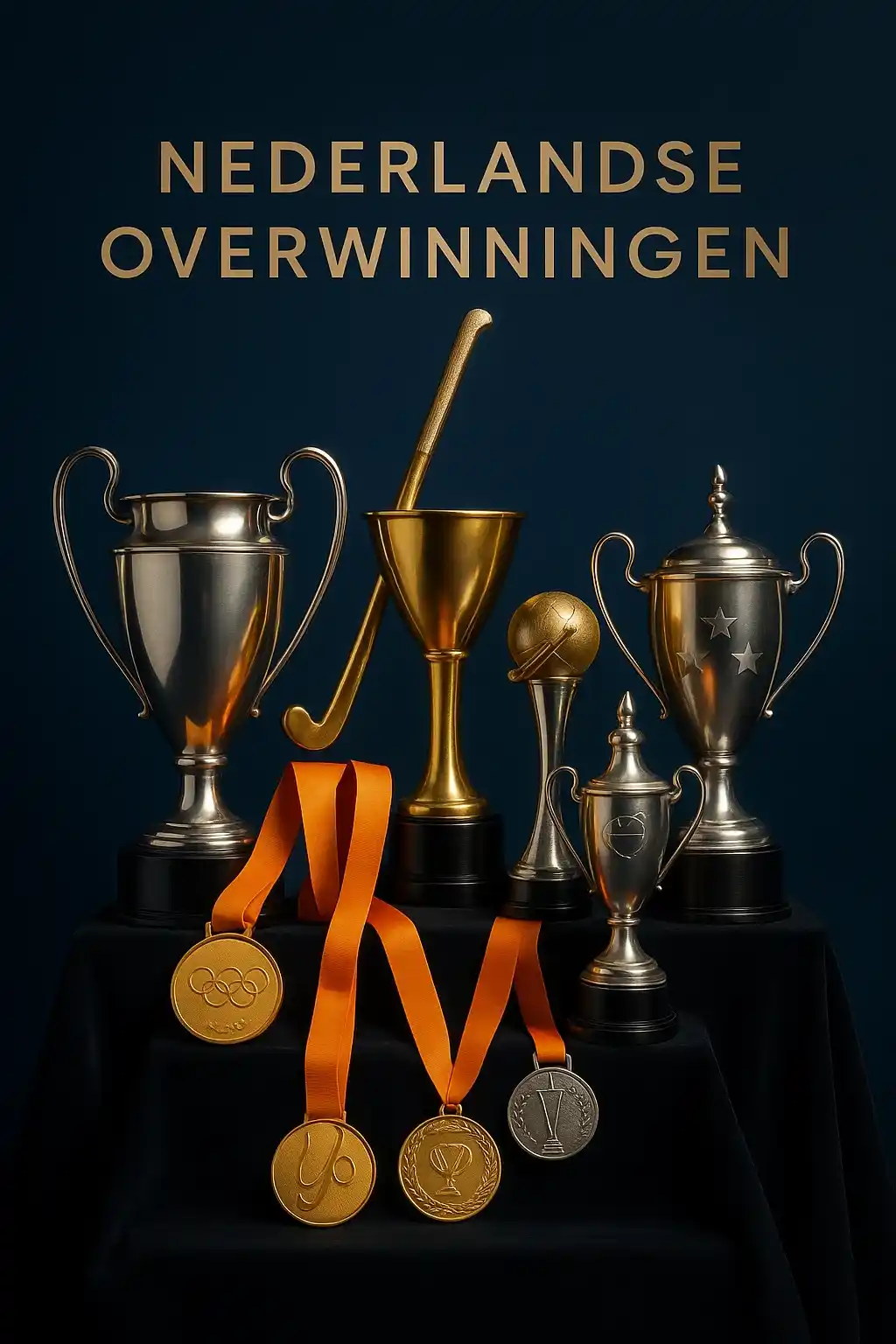 Collectie van gouden trofeeën en olympische medailles gewonnen door Nederlandse hockeyvrouwen