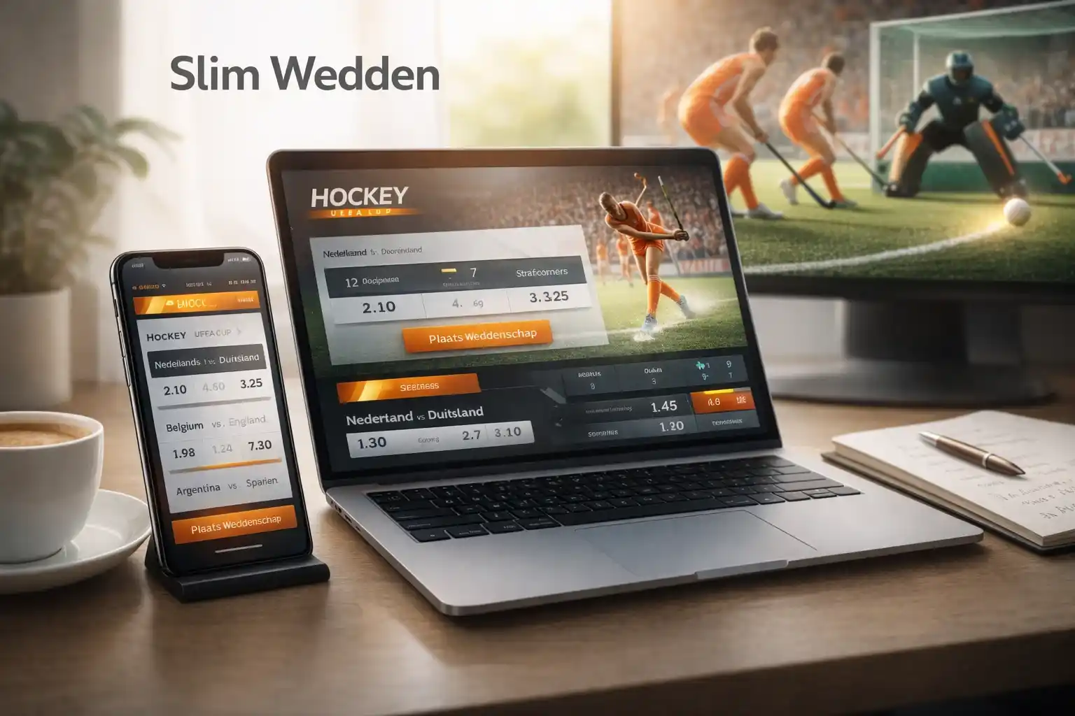 Moderne online wedden interface op smartphone en laptop met hockey odds en statistieken