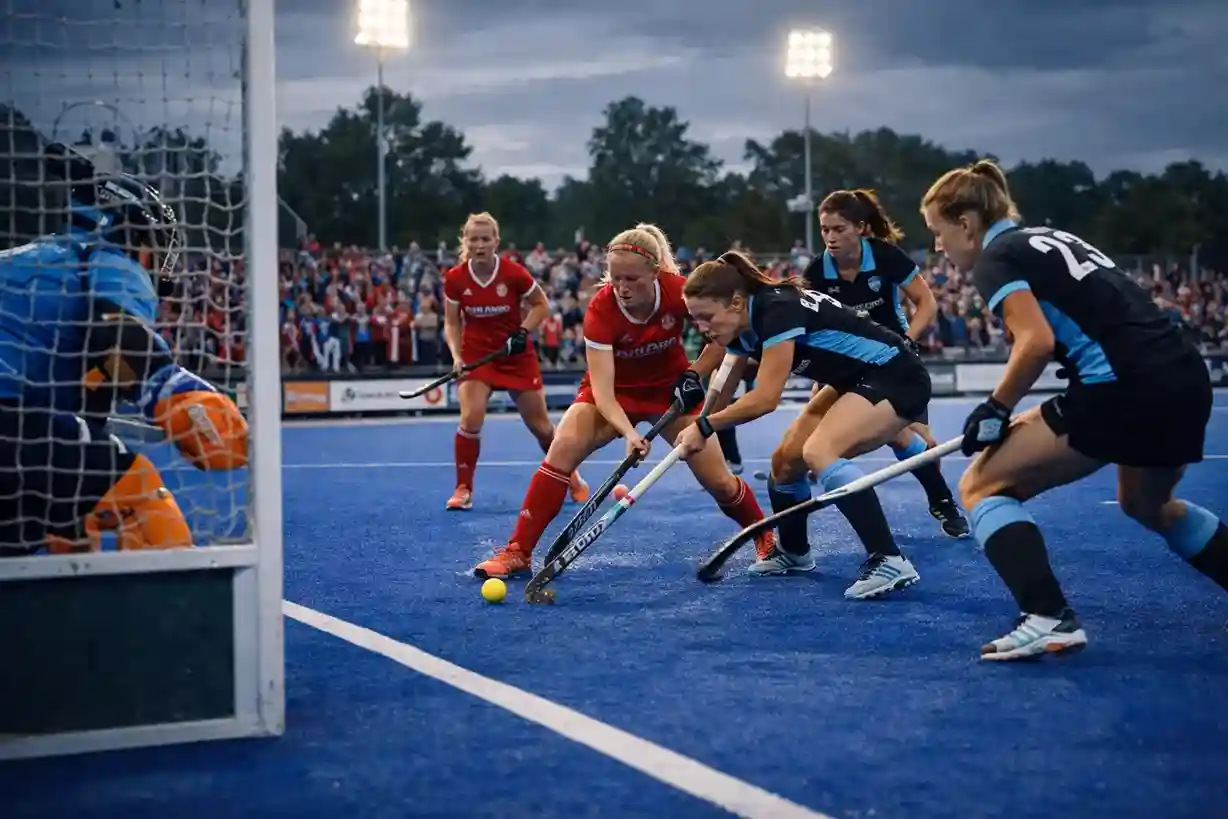 Play-off wedstrijd met publiek langs het hockeyveld
