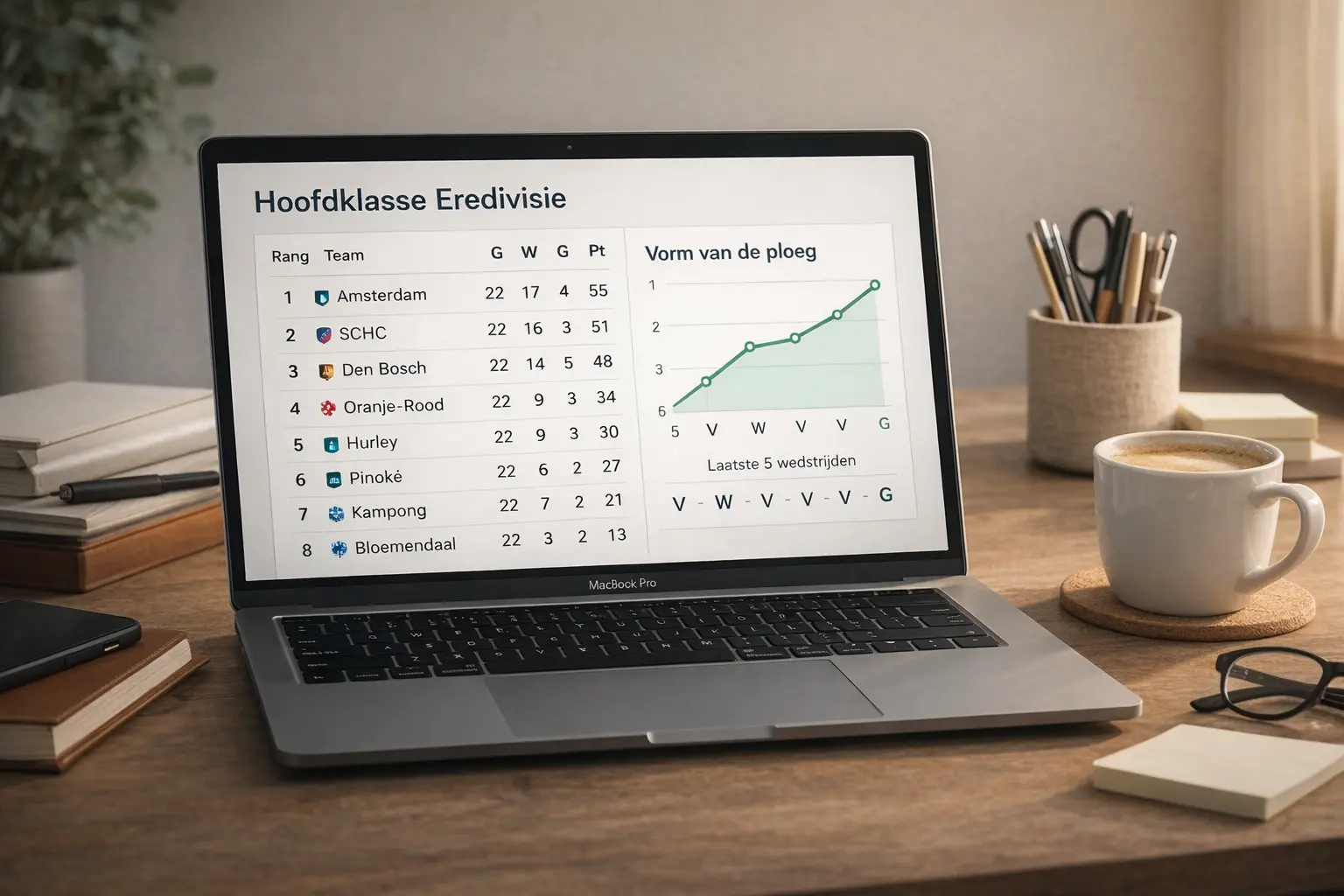 Laptop met hockeystatistieken en competitiestand