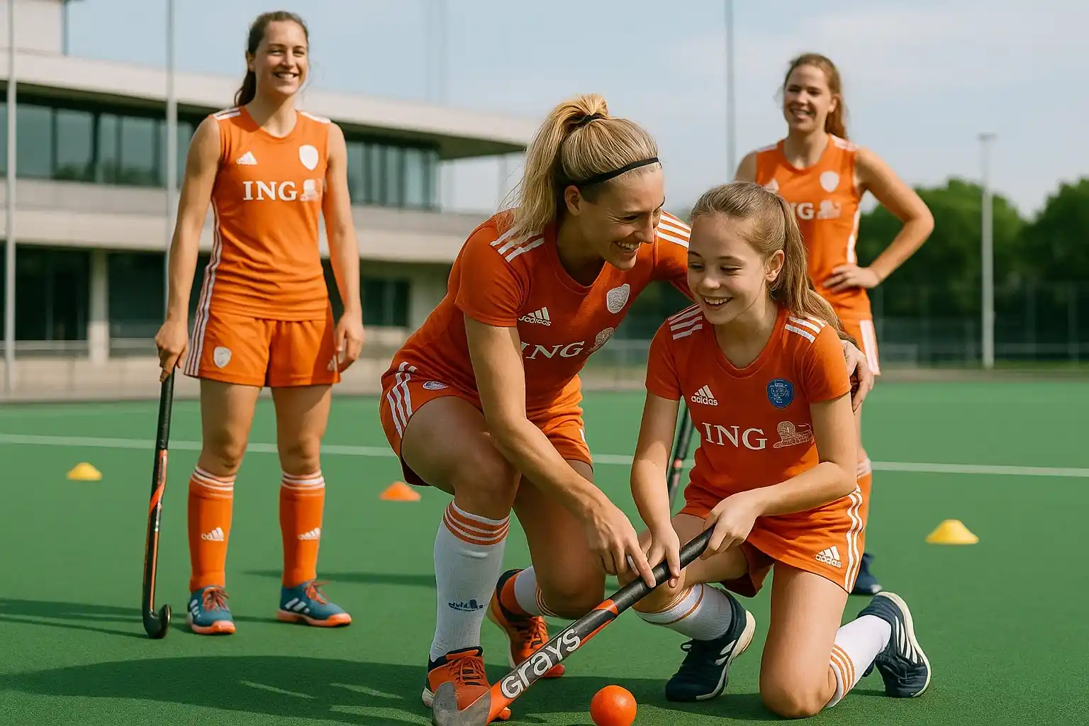Jonge en ervaren Nederlandse hockeyspeelsters trainen samen op kunstgrasveld, mentorschap en teambuilding
