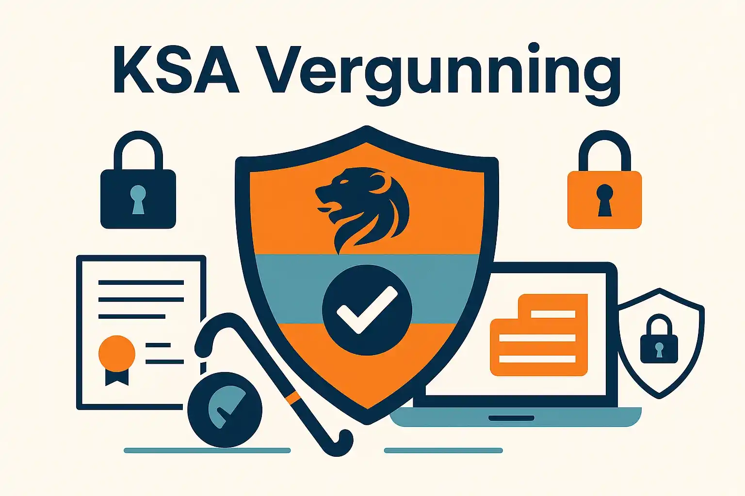Illustratie van KSA-vergunning en legale online kansspelen regulering in Nederland met veiligheidssymbolen