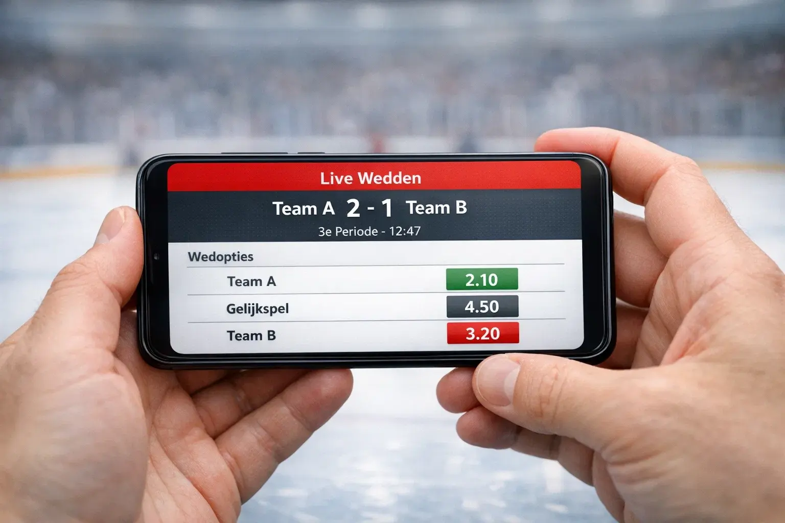Smartphone met live wedden app tijdens een hockeywedstrijd