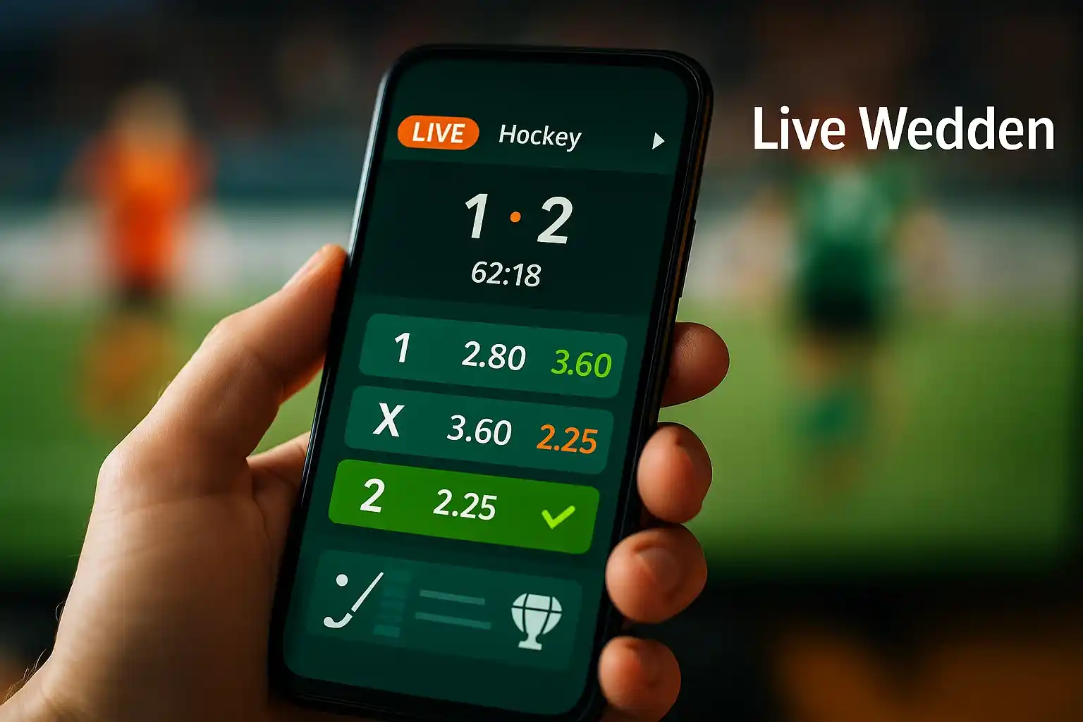 Smartphone met live hockey weddenschappen app interface en real-time quoteringen