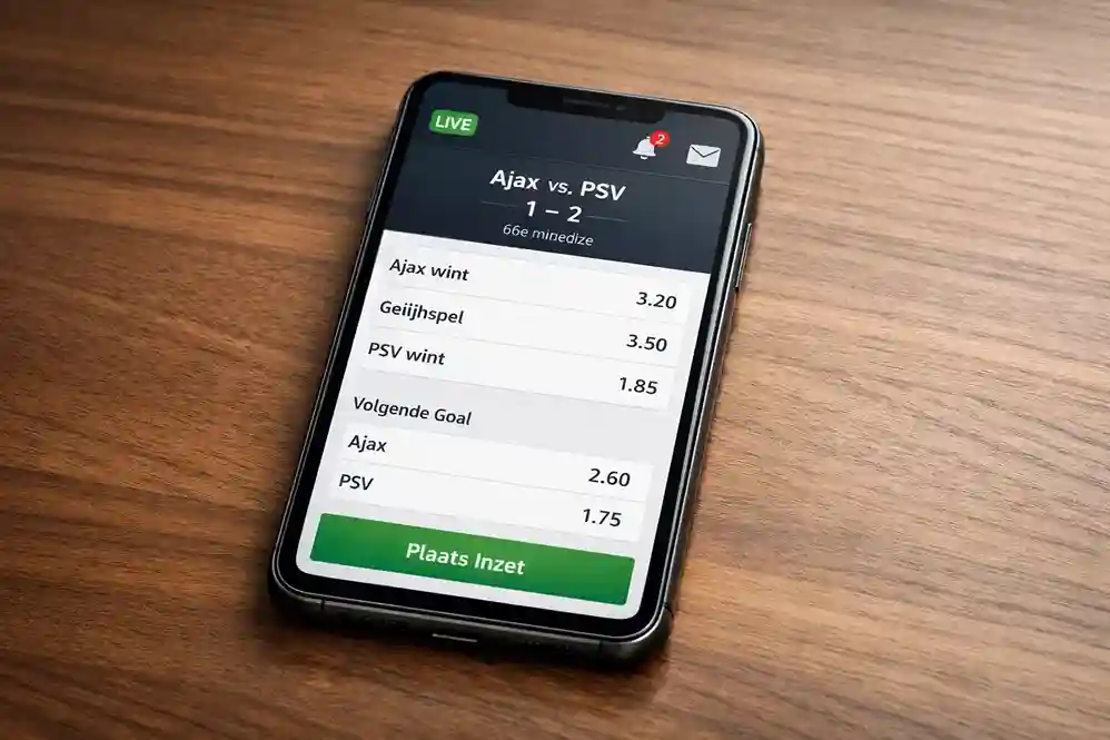 Smartphone scherm met live wedden interface en notificaties