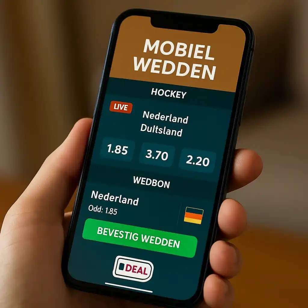 Smartphone met hockey betting app interface en iDEAL betaalmethode voor mobiel wedden