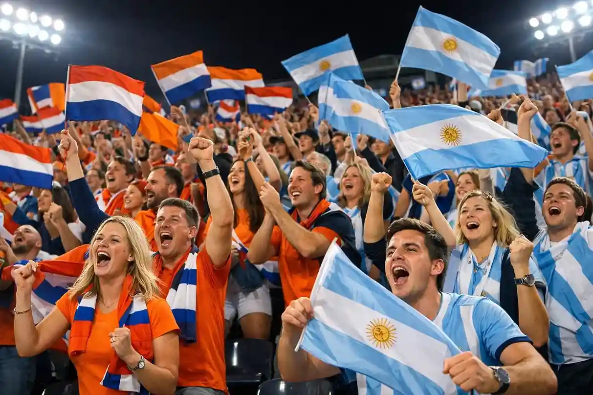 Enthousiast publiek met vlaggen tijdens Nederland-Argentinië hockeywedstrijd