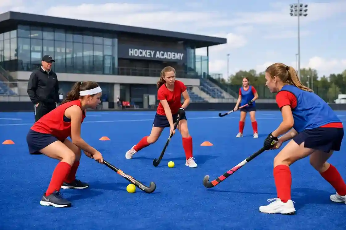 Jonge hockeyspelers trainen op een kunstgrasveld
