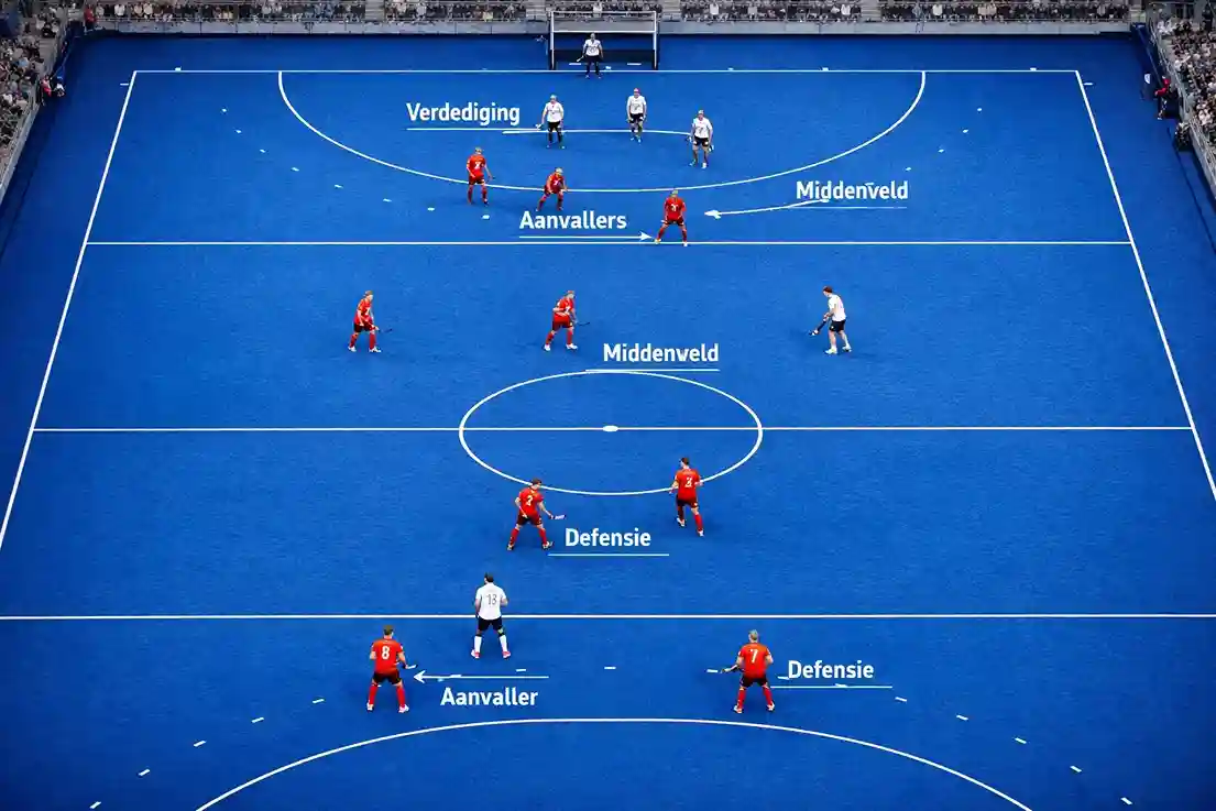 Tactisch overzicht van een hockeyformatie tijdens een wedstrijd