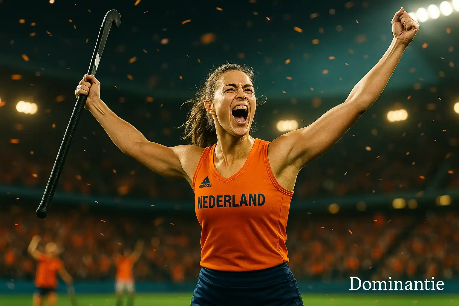 Nederlandse hockeyster viert doelpunt uit strafcorner met armen in de lucht in oranje shirt