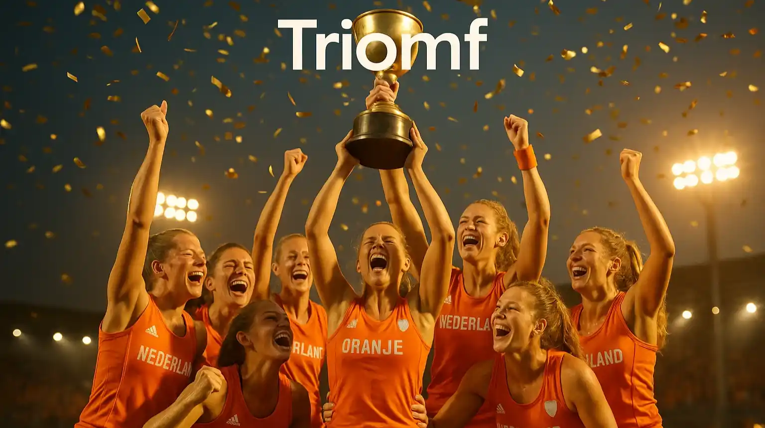 Nederlandse hockeyvrouwen tillen gezamenlijk de gouden trofee omhoog tijdens kampioenschapsviering
