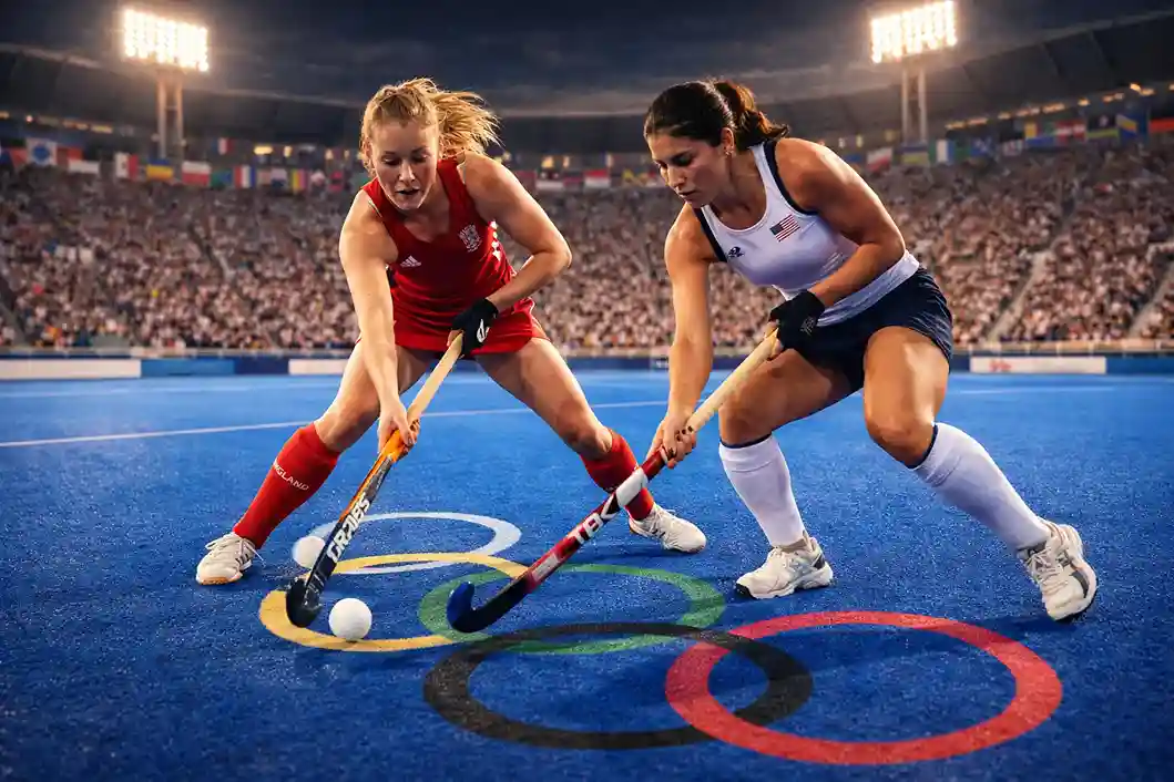 Hockeywedstrijd tijdens de Olympische Spelen op blauw kunstgras