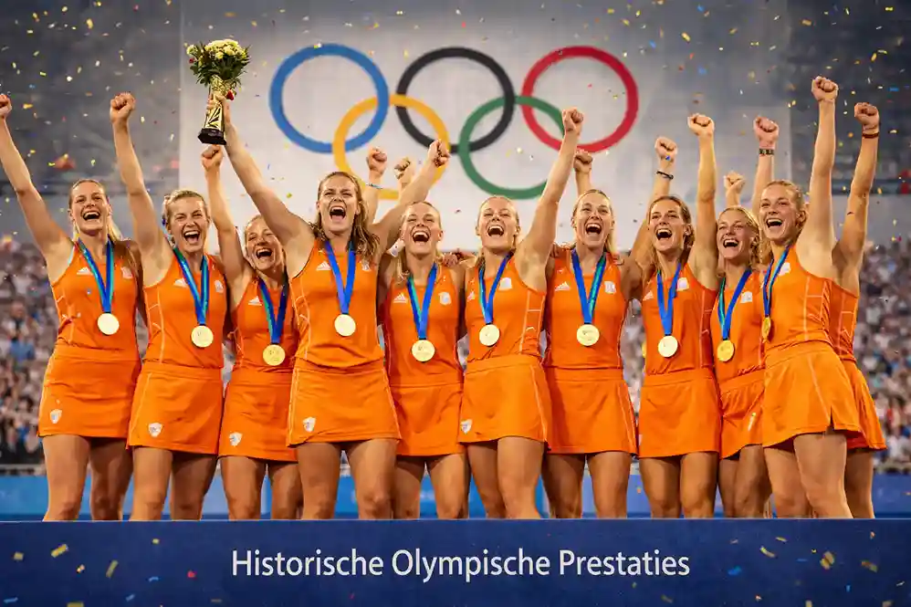 Hockeyteam op het olympisch podium met gouden medailles