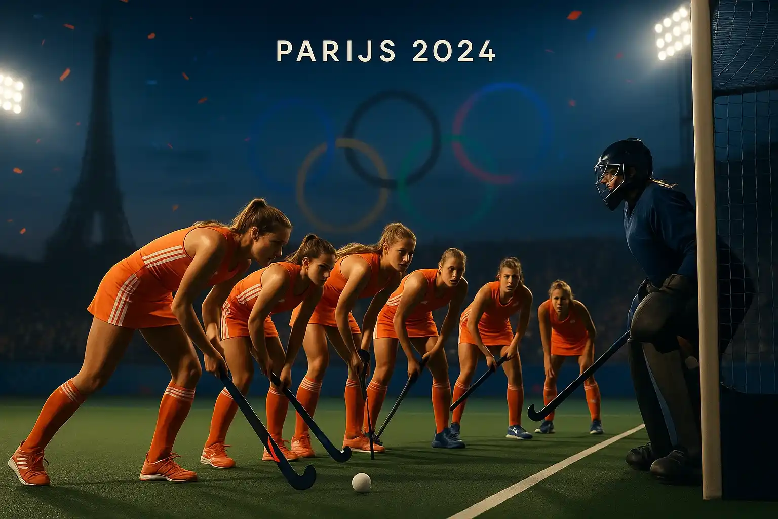 Nederlands hockeyteam tijdens strafcorner op Olympische Spelen Parijs 2024 met olympische sfeer