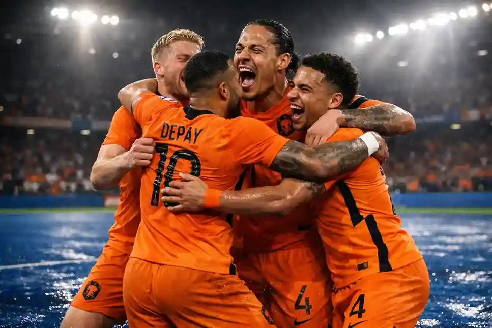Nederlandse hockeyaanvalsters vieren een doelpunt op het veld
