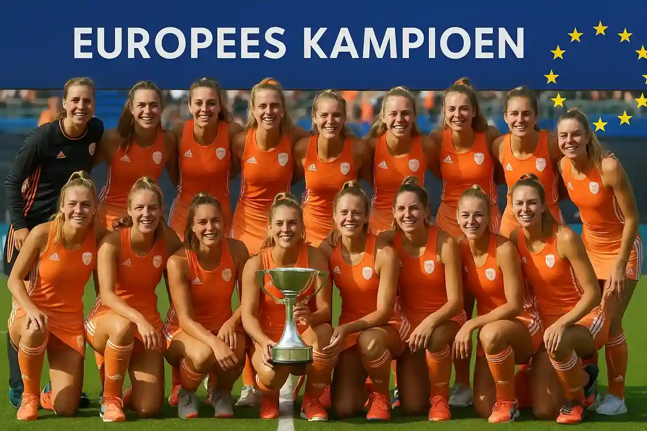 Nederlandse hockeyvrouwen poseren met de Europese kampioenschapstrofee op het hockeyveld