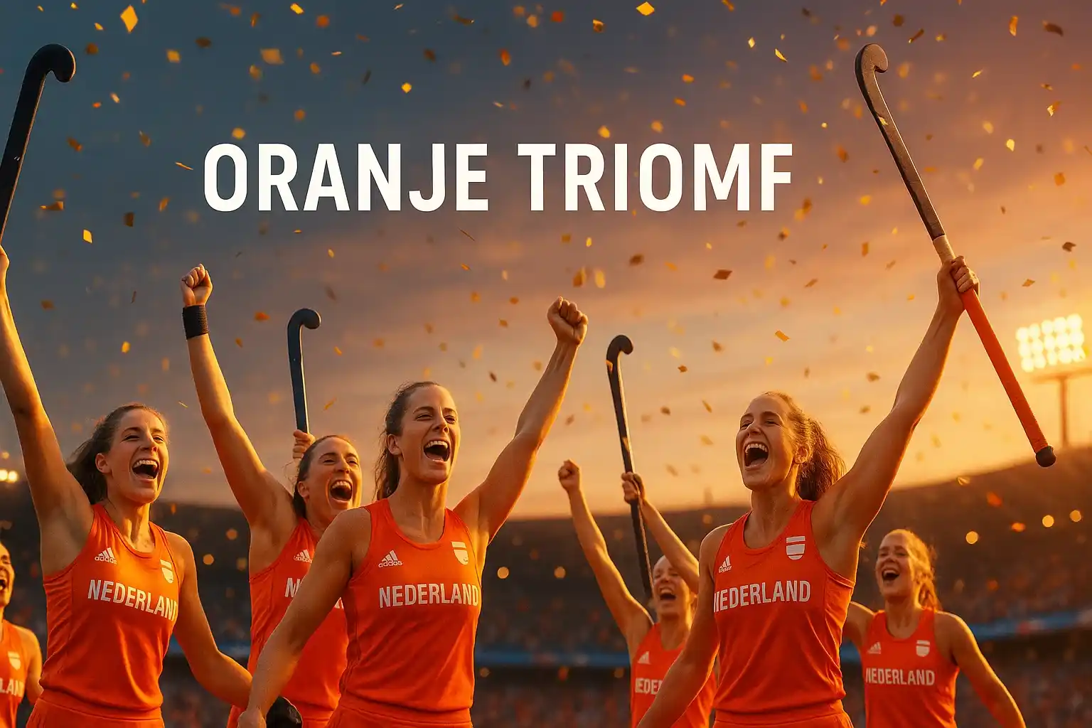 Nederlandse hockeyvrouwen vieren overwinning in finale met gouden confetti en trofee