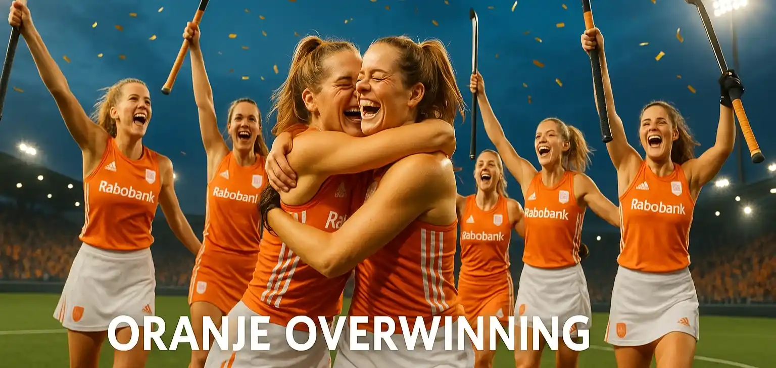 Nederlandse hockeyvrouwen vieren overwinning op het veld in oranje shirts met hockeysticks