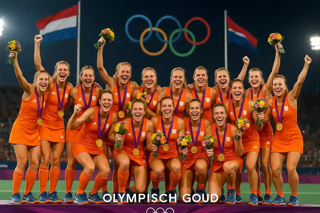 Nederlandse hockeyvrouwen op het olympisch podium met gouden medailles en bloemen
