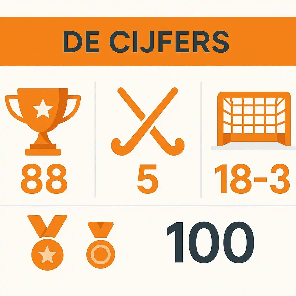 Infographic met statistieken van de Oranje Dames: 88 ongeslagen wedstrijden, 5 Pro League titels, 18-3 doelsaldo EK 2025