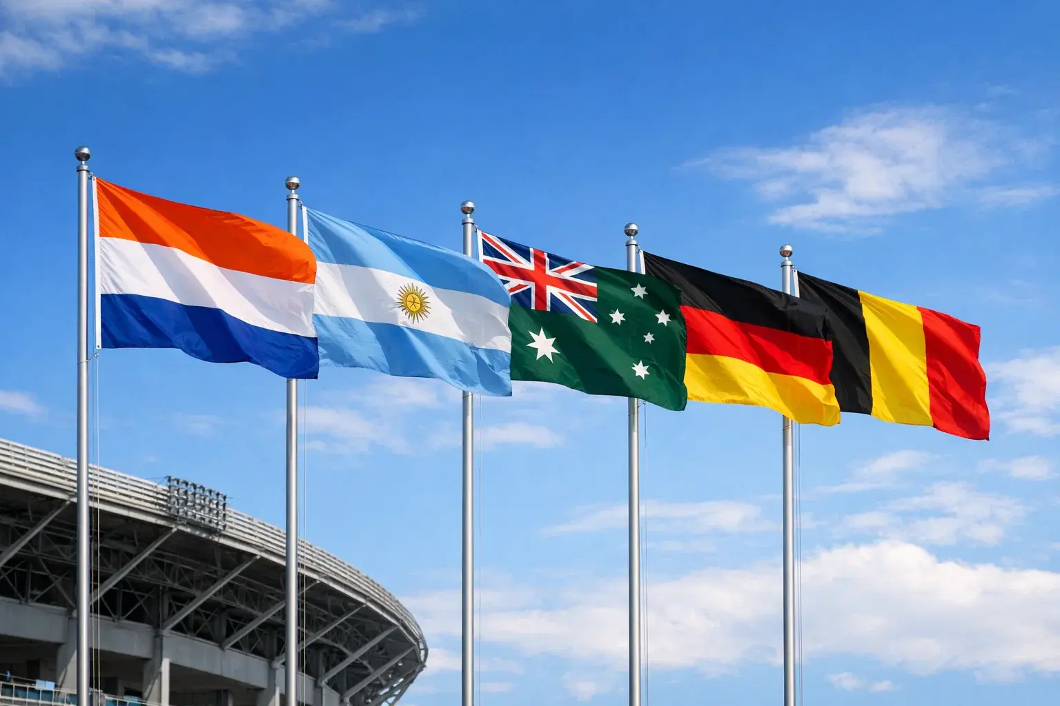 Vlaggen van verschillende hockeylanden bij een internationaal toernooi