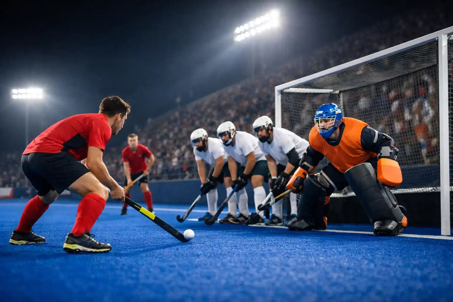 Strafcorner situatie tijdens een hockeywedstrijd