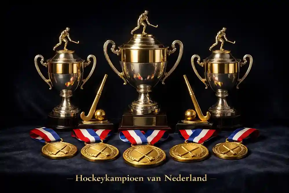 Collectie van gouden medailles en trofeeën uit het hockey