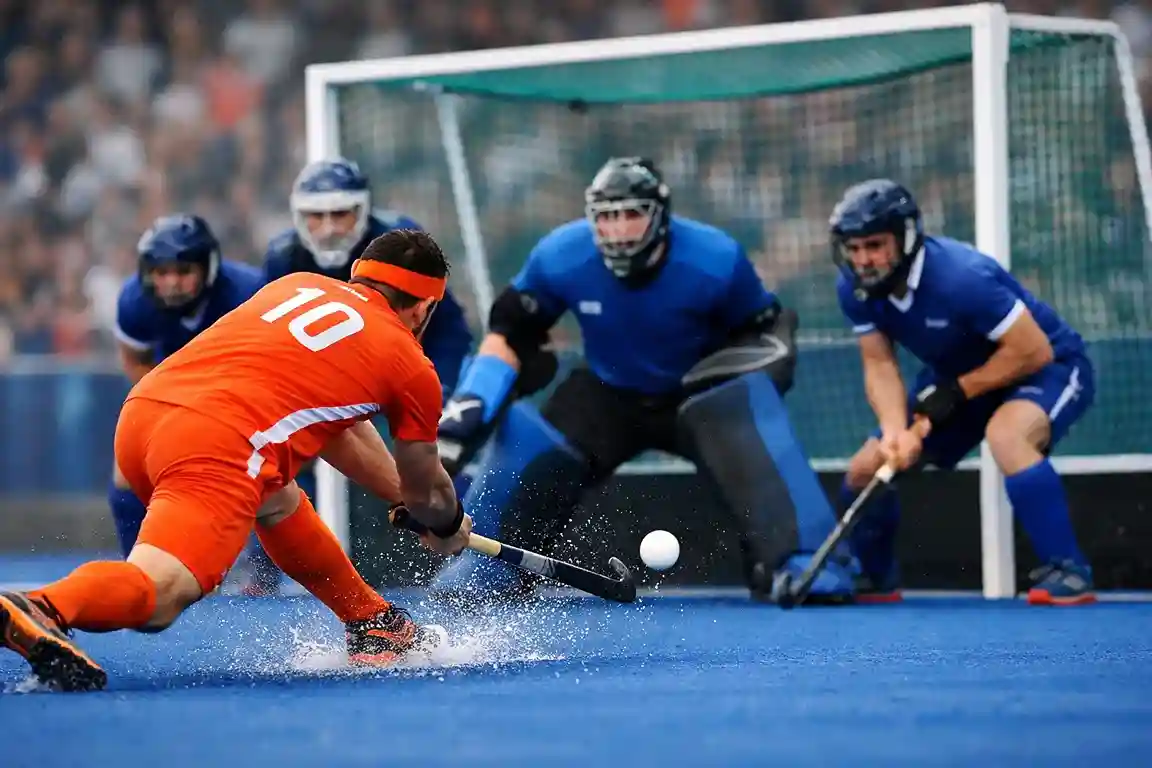 Strafcorner uitvoering tijdens een internationale hockeywedstrijd