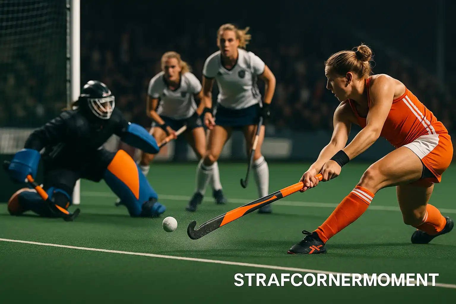 Dramatische actie foto van strafcorner dragflick bij veldhockey met bal in vlucht richting doel