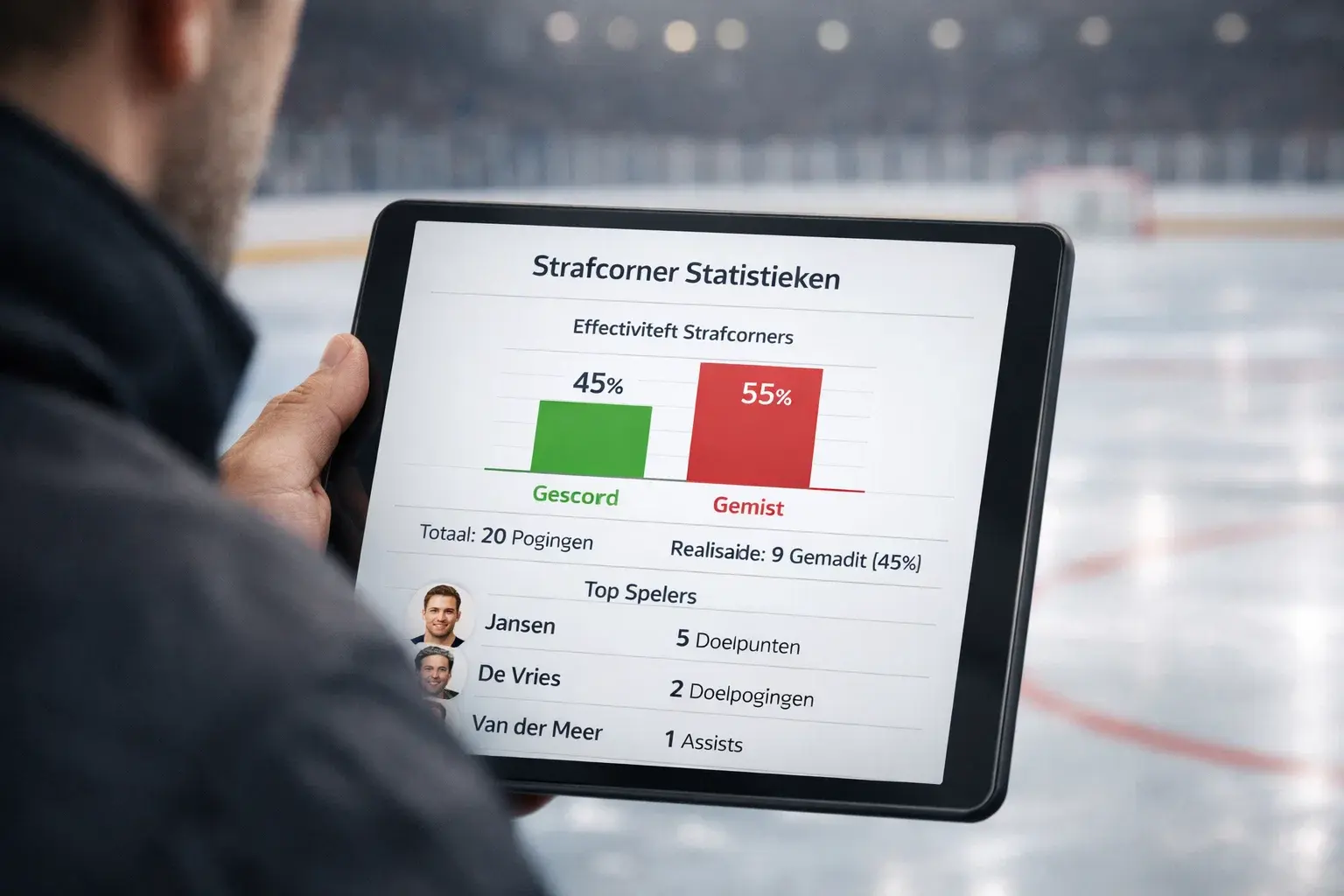 Hockeycoach analyseert strafcornerstatistieken op een tablet