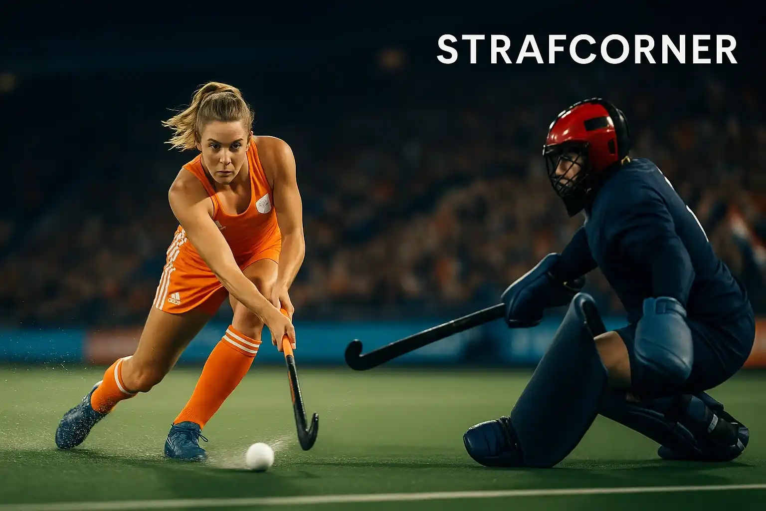 Nederlandse hockeyster voert krachtige strafcorner sleeppush uit op kunstgrasveld
