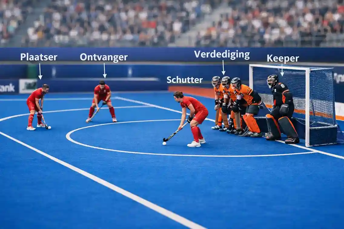 Hockeyteam in strafcornerformatie op internationaal toernooi