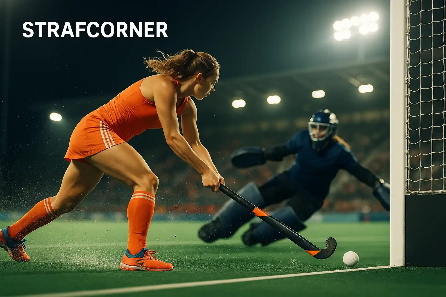 Dramatische actie foto van strafcorner uitvoering bij veldhockey met sleeppush techniek