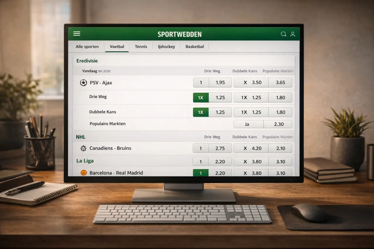 Scherm met sportweddenschap quoteringen en markten