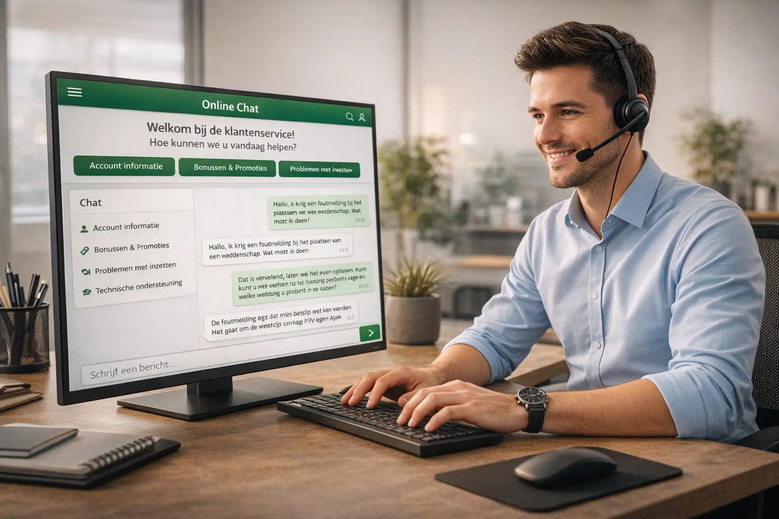 Klantenservice medewerker helpt via live chat op een computerscherm