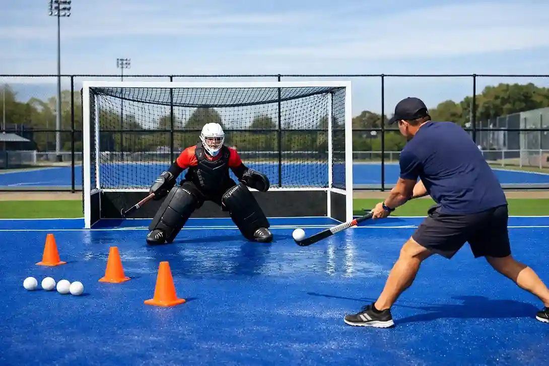 Keeperstraining op een hockeyveld met coach